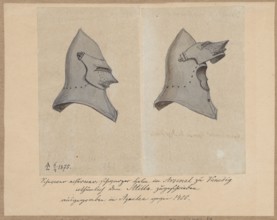 A 14th-century helmet with an open visor; verso: sketches of men's clothing viewed from the hips.
