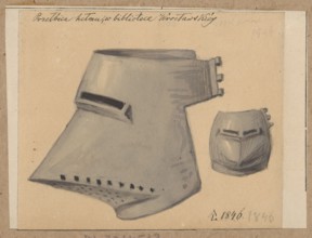 Helmet visor, 14th/15th century. Drawing on paper glued with the entire surface to cardboard, which