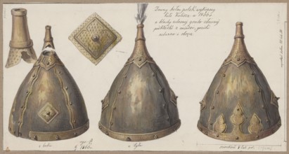 Old Polish helmet excavated near Kalisz in 1866; drawing by Aleksander Lesser 1814–1884. Subject:
