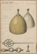 Two helmets and armament elements; drawing glued with the upper edge to a tone of cardboard brown.