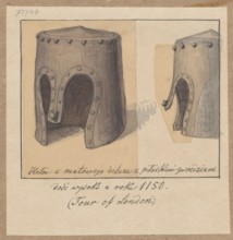 12th-century helmet — side and general views. A matt iron helmet with a flat nasal, quite high,