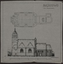 Badkowo. Church. Bottom plan and side elevation, Wojciechowski, Jaroslaw 1874-1942 author, churches