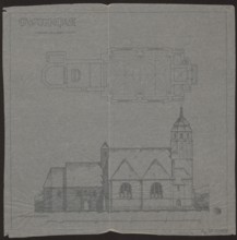 Badkowo. Church. Bottom plan and side elevation by Wojciechowski, Jaroslaw 1874–1942 architect.