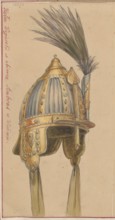 Hungarian helmet, drawing on paper glued to paper; with DI 32462/2 MNW glued by its upper edge to