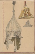 Hungarian silver helmet, drawing on paper glued with its entire surface to paper together with