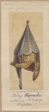 Hungarian helmets, drawing on tracing paper glued to paper with similar piece, glued at upper edge