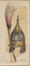 Hungarian helmet, drawing on tracing paper glued over entire surface to paper with a similar