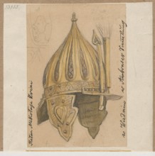 Helmet of Nikola Zrinski Miklos Zrínyi, drawing on paper glued to a support together with another