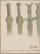 Hilts of Slavic swords. Drawing on paper glued with the upper edge to a tone of cardboard gray;