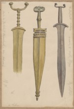 Three swords from the Hallstatt excavations. Drawing glued with the upper edge to brown cardboard.