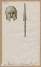 Greek spearhead and helmet, drawing, ca. 1876, pen-and-ink and wash on paper glued to brown