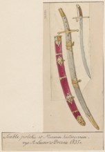 Two 17th-century Polish sabres; drawing on paper of irregular dimensions, glued to cardboard with