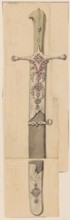 Karabela from the 17th century; drawing on cardboard glued to a larger cardboard at its upper edge;