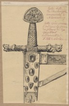 Sword hilt from the 13th century, drawing on tracing paper glued over the entire surface to