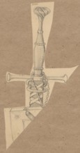 16th-century sword hilt; drawing sketch, irregular dimensions glued with the upper edge on brown