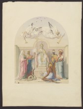 The Pope surrounded by personifications of the continents; drawing by Petit,