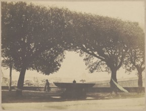 Fountain in the gardens of the French Academy at Villa Medici on Pincio Hill, Rome. View towards St