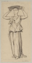 Study of a Woman Carrying a Basket of Flowers on Her Head, Hans Thoma 1839–1924, drawing, ca. 1890,