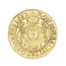 Gdansk ducat by Daniel Lesse (1656–1685), 1662. Obverse: bust of King John II Casimir Vasa (John