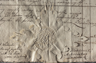 Round imprint of the seal of the town of Babimost, Poznan Voivodeship. On the crowned cartouche two