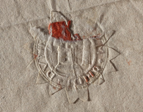 Round seal impression of the town of Dubin. A tower with three domes, on the left side a smaller