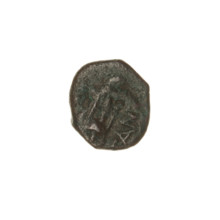 bronze coin, Pantikapaion; obverse: bearded Satyr's head left with countermark (tripod and
