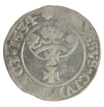 Gdansk grosz, Sigismund I the Old (King of Poland; 1506–1548). Polish coin (1534). Obverse: Crowned