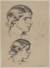 Three studies of the head of a young man, ca. 1882, Hans Thoma (1839–1924), drawing, Germany;