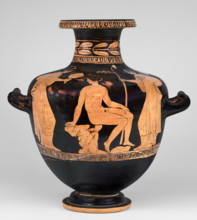 Red-figure hydria, Amycus Painter (c. 420–410 BC), Greek pottery; hydria on a high profiled foot,