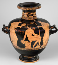 Red-figure hydria, Amycus Painter (c. 420–410 BC), Greek pottery; hydria on a high, profiled foot.