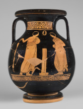 Red-figure pelike depicting a woman putting on a pearl necklace; Southern Italic (Apulian) pottery,