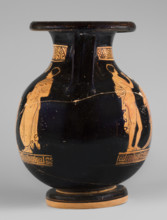 Red-figure pelike depicting a woman putting on a pearl necklace; Southern Italic (Apulian) pottery,