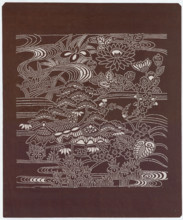 Ise katagami dyeing stencil - landscape with a house by the water, pine tree, irises,