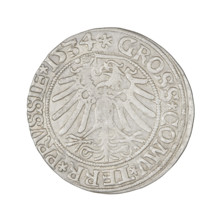 Prussian grosz, Sigismund I the Old (King of Poland; 1506–1548), R1 (rarity). Obverse: Crowned male