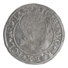 Lithuanian grosz, 1545. Obverse: crowned male bust in armour facing right, rim inscription divided