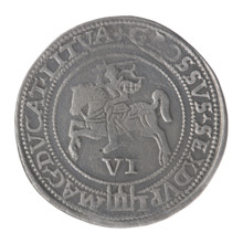 Sixer coin of Sigismund II Augustus (king of Poland; 1544–1572). Obverse: crowned male bust in