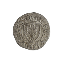 Teutonic szelag, Henryk Reuss von Plauen (Grand Master; 1467–1469). AR mark (twice on the obverse).