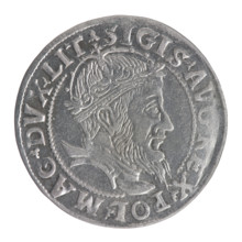 Lithuanian grosz, 1555. Obverse: Crowned male bust in armour, profile right; rim inscription