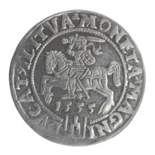Lithuanian grosz, 1555. Obverse: crowned male bust of Sigismund II Augustus in armour, profile to