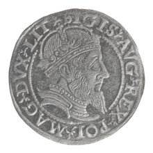Lithuanian grosz, 1559. Obverse: crowned male bust in armour, profile to the right; rim inscription