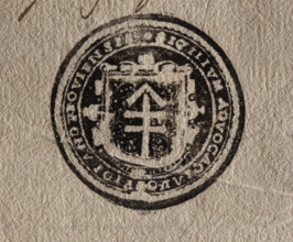 Round ink print of the seal of the town of Andrzejów. On the baroque shield, the fox coat of arms,