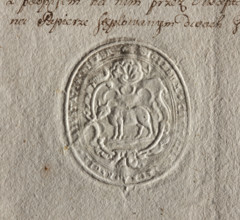 Oval seal impression of the city of Bielsko, Podlaskie Voivodeship. On a baroque shield, a bison