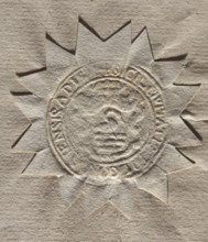 Round seal impression of the town of Bilgoraj, Lublin Voivodeship. On the decorative crowned shield