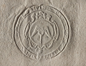 Round seal impression of the town of Bnin, Kalisz Voivodeship, Pysdry County. In a baroque