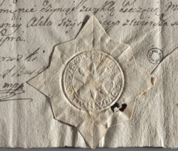 Round seal impression of the town of Busko, Sandomierz Voivodeship, Wislica County. A sun with