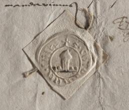 Horodlo city seal. Round seal impression showing what appears to be a mitre attached by three