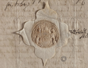 Round impression of the city seal of Gdansk. In an oval cartouche supported by two lions is the