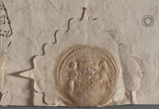 Round impression of the seal of the city of Gdansk. In an oval cartouche, supported by two