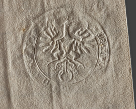 Round seal impression of the town of Grzybowo, Masovian Voivodeship. Single-headed crowned eagle