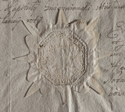 Rectangular seal impression with truncated corners of the town of Grzybowo. Depicts a